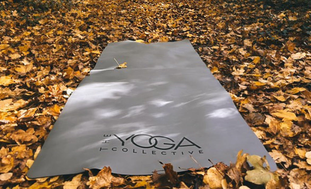 Travel Yoga Mat vs Standard Yoga Mat placed in a serene forest setting with autumn leaves.