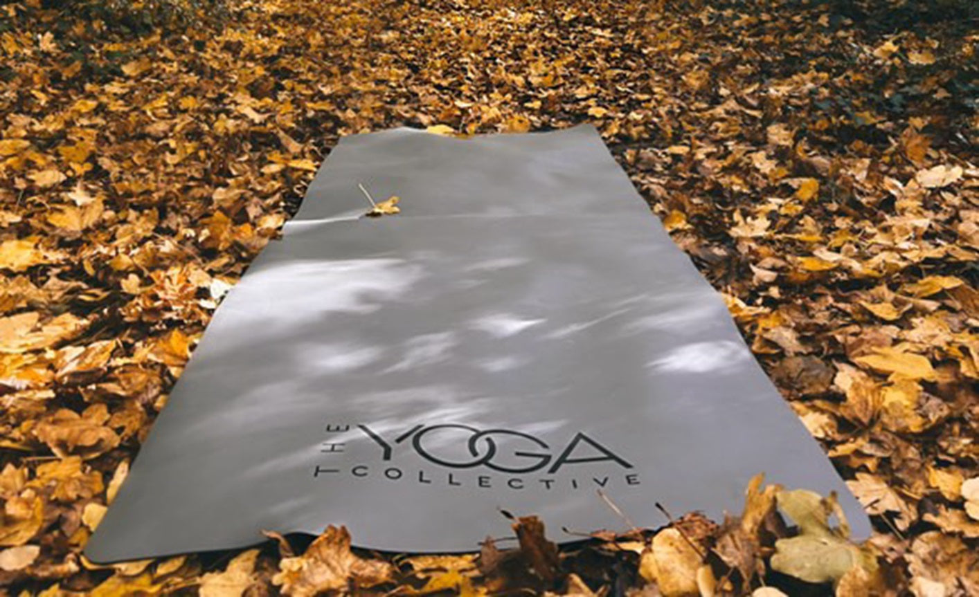 Travel Yoga Mat vs Standard Yoga Mat placed in a serene forest setting with autumn leaves.